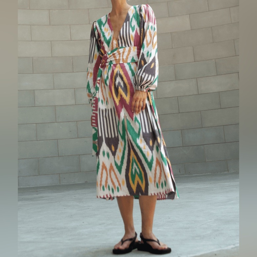 Guadalupe Atira Ikat Long Sleeve Multicolor Midi Dress size Medium